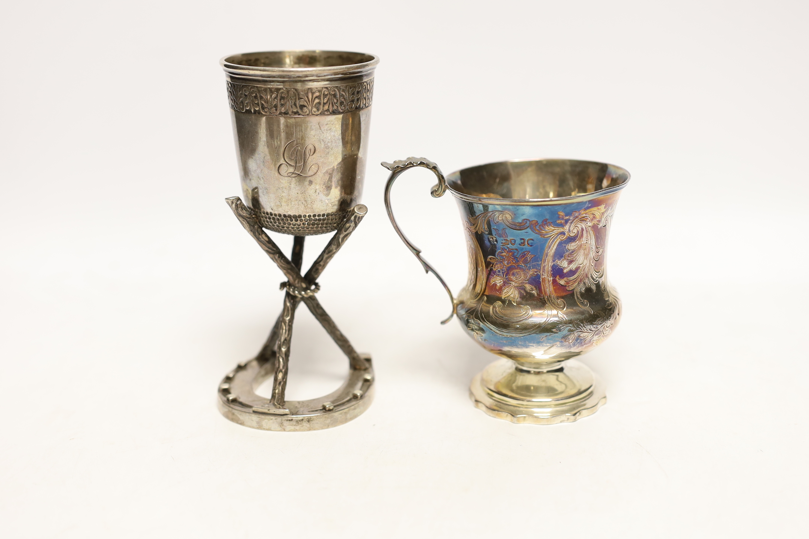 A late Victorian silver waiter, Charles Stuart Harris, London, 1887, 17cm, together with a Victorian silver christening mug, London, 1873 and a similar Scottish silver cup with rustic supports, Edinburgh 1876, on a horse